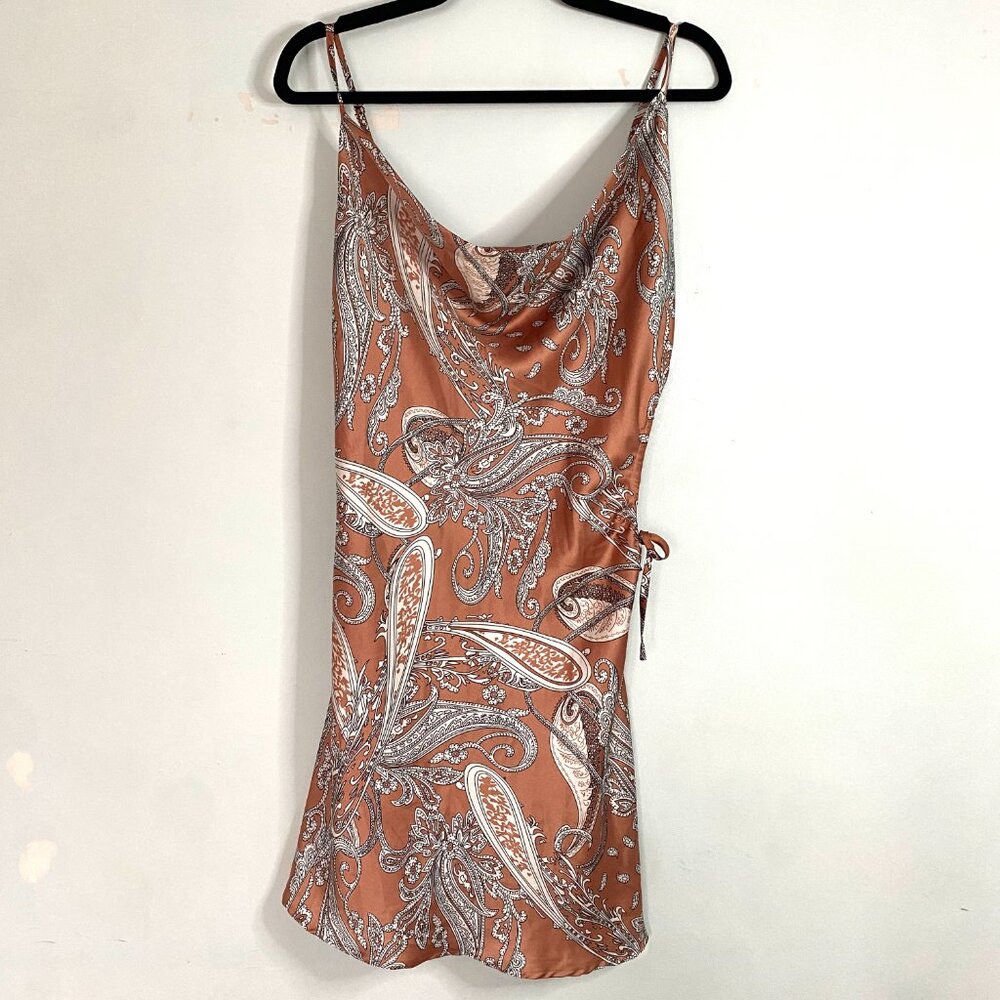 ACOA Satin Paisley Mini Dress in Burnt Orange & Cream with Cut Out | Size M